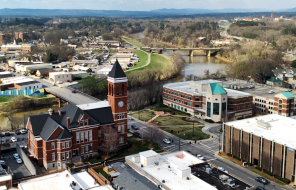 Floyd County Historic Courthouse aerial, photographed March 6, 2026